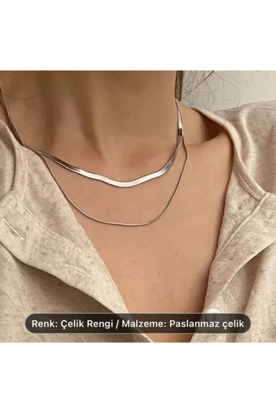 SUNA 2 Lİ ÇELİK KOLYE SADE MODEL-ZAMANSIZ
