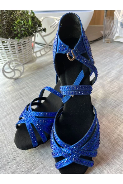 SUNA SAX MAVİ İNCİLİ SALSA, BACATA, TANGO, DANS AYAKKABISI 5 CM KADEH TOPUK