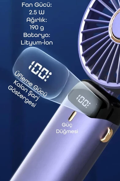 LCD Ekranlı Şarjlı El Fanı Mini Vantilatör 5 Kademe Sessiz Boyun Askılı Pembe Fan - 7