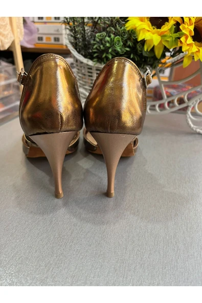 SUNA BRONZ DERİ KAPALI TOPUK 8,5 CM 13 PONT TOPUK BOYU TANGO, DANS VE ABİYE AYAKKABISI - 2