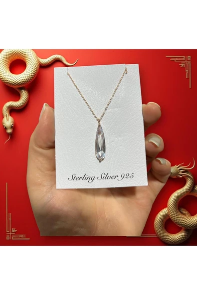 SUNA BEYAZ UZUN DAMLA TAŞ ROSE GÜMÜŞ KOLYE UCU VE ZİNCİRİ-KUTULU