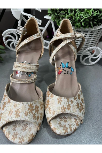 SUNA PAPATYA DESENLİ KAPALI TOPUK TANGO -DANS VE ABİYE AYAKKABISI 8,5 CM TOPUK BOYU - Resim 5