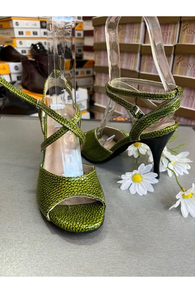 SUNA YAĞ YEŞİLİ SİYAH PETEK DESENLİ KELEBEK MODEL TANGO, DANS VE SALON ABİYE AYAKKABISI 8,5 CM TOPUK BOY - 3