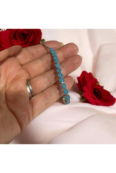 SUNA MAVİ ÇİÇEKLİ TASLI GÜMÜŞ BİLEKLİK