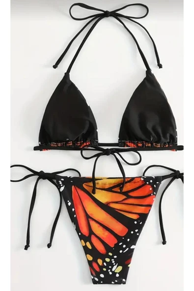 REDB KIRMIZI-SİYAH KELEBEK KANADI DESENLİ İki Parça Baskılı Bikini Mayo - 2