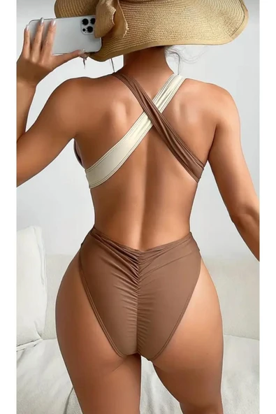 khaki boutique Şık Tek Parça Mayo İKİ RENKLİ KREM-BEJ - 4