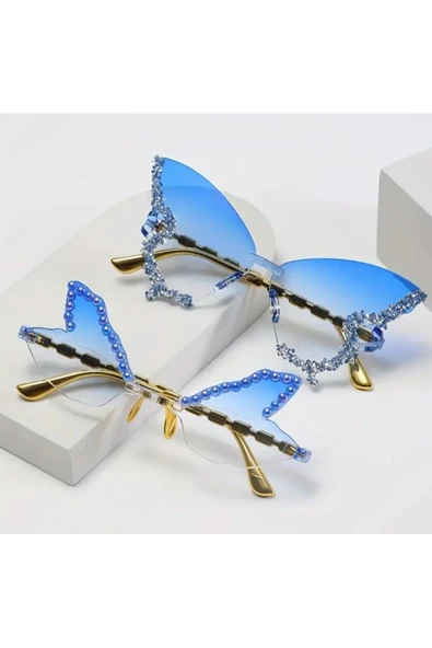 YEBİİ Yeni Set Kelebek Tasarımlı Çerçevesiz Dekoratif Gözlükler Kadınlar için Sokak Moda Günü