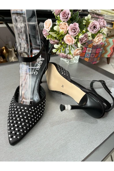 BYSLÇ SHOES SİYAH SATEN TAŞLI ARKASI AÇIK STİLETTO YENİ SEZON - - 2