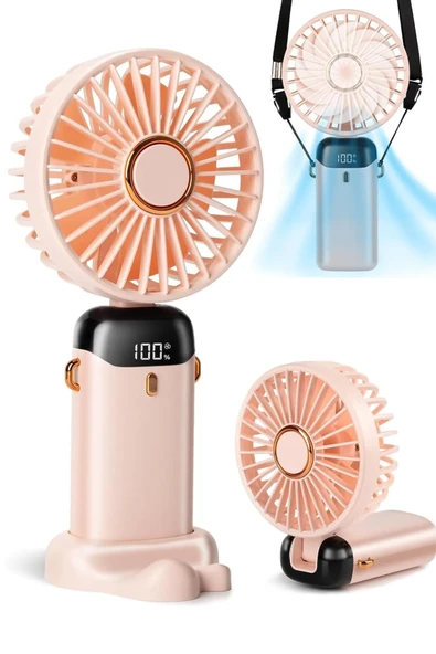 LCD Ekranlı Şarjlı El Fanı Mini Vantilatör 5 Kademe Sessiz Boyun Askılı Pembe Fan - 8
