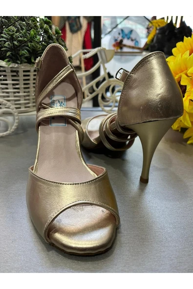 SUNA ALTIN DÜZ KAPALI TOPUK 8,5 CM 13 PONT TOPUK BOYU TANGO, DANS VE ABİYE AYAKKABISI - Resim 3