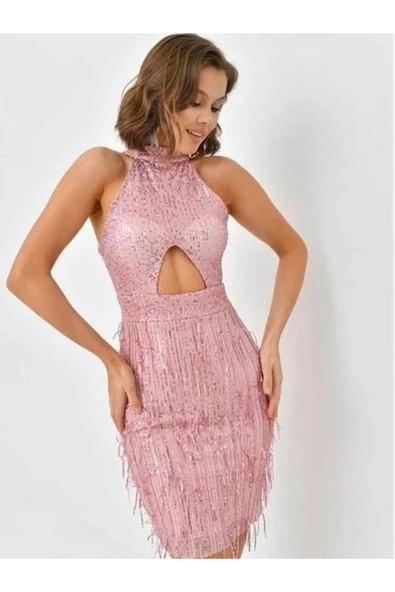 SHE WELLA SADE-ŞIK HARİKA UÇUK PEMBE PULLU ELBİSE BEL PENCERELİ
