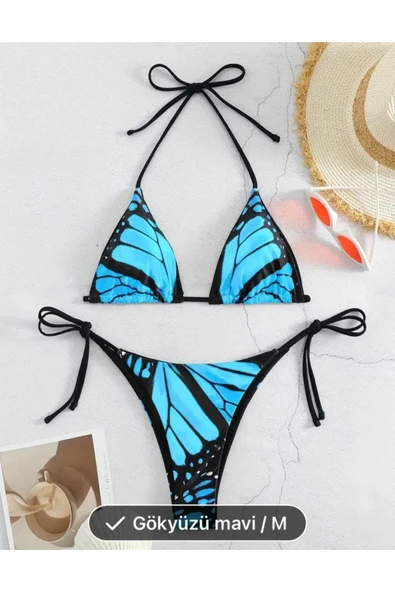 sky Canlı Kelebek Baskılı Bikini Takımı Yan Bağlama İki Parçalı Mayo, Üçgen Üst Makinede Yıkanabilir - 5