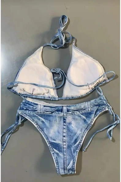 sky Faux kot Baskılı Üçgen 2 Parça Bikini Takımı - 4