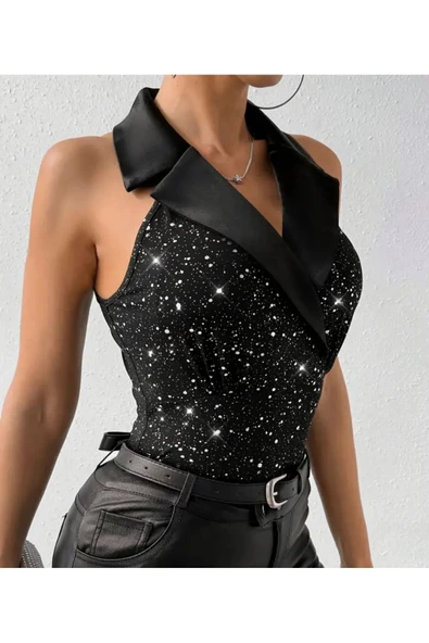 SUNA SİYAH SATEN YAKA KOLSUZ PLATİN BASKILI BODY - 3