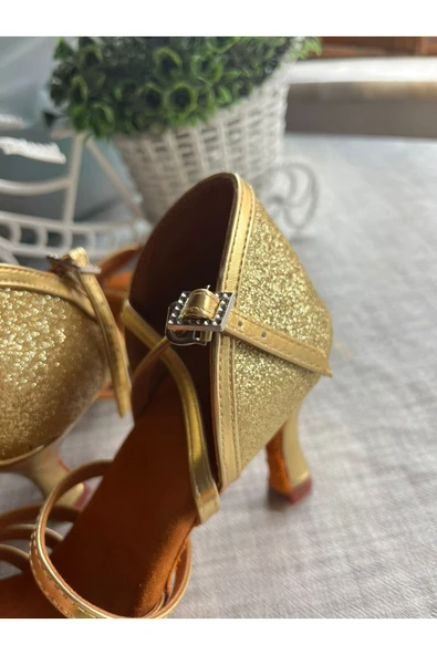 SUNA SALSA AYAKKABISI-7 CM KADEH TOPUK - DERİ  GÜL 7 BANTLI ALTIN RENK - Resim 3