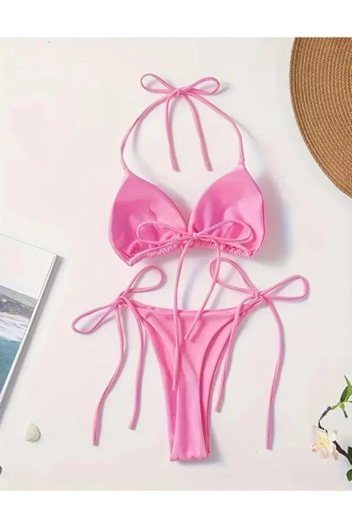 PİNK Tek Renk Bikini, Boyun Askılı Sırtı Açık Mayo, Kadın Yüzme Kıyafeti - 5
