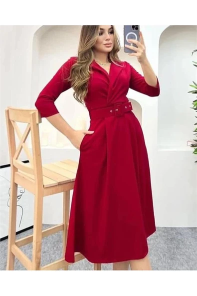 ROYAFASHİON KEMERLİ BEL TAM OTURAN, KRAVUZE YAKA  ŞIK ELBİSE - 2