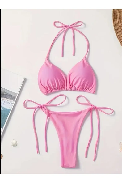PİNK Tek Renk Bikini, Boyun Askılı Sırtı Açık Mayo, Kadın Yüzme Kıyafeti