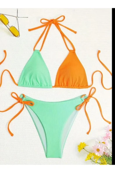 MİXED Dokulu Kumaş Kontrast Renkli 2 Parça Bikini, Boyun Askılı V-Yaka, Sırt Bağ Yüksek Kesim Mayo, - 5
