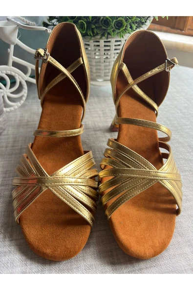 SUNA SALSA AYAKKABISI-7 CM KADEH TOPUK - DERİ  GÜL 7 BANTLI ALTIN RENK ürün görseli