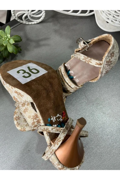 SUNA PAPATYA DESENLİ KAPALI TOPUK TANGO -DANS VE ABİYE AYAKKABISI 8,5 CM TOPUK BOYU - Resim 4