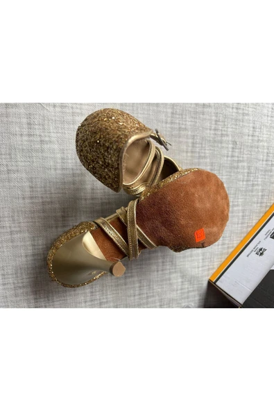 SUNA TANGO, SALSA,BACATA, KADIN DANS AYAKKABISI KRİSTAL ALTIN - Resim 4