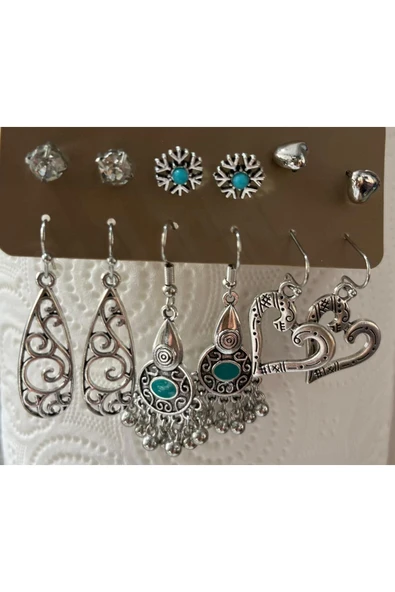 Silver bohem etnik tarzı kadınların şık sarkık küpeler ve çivi seti, gümüş renkli çok parçalı set - 4