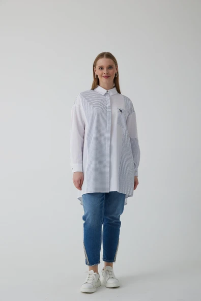 ÇİZGİ GARNİLİ TAŞLI GÖMLEK - 4