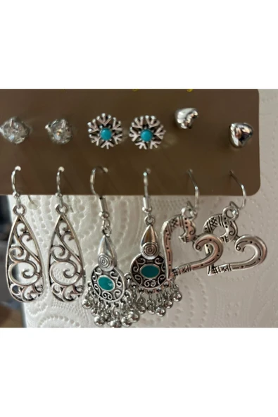 Silver bohem etnik tarzı kadınların şık sarkık küpeler ve çivi seti, gümüş renkli çok parçalı set