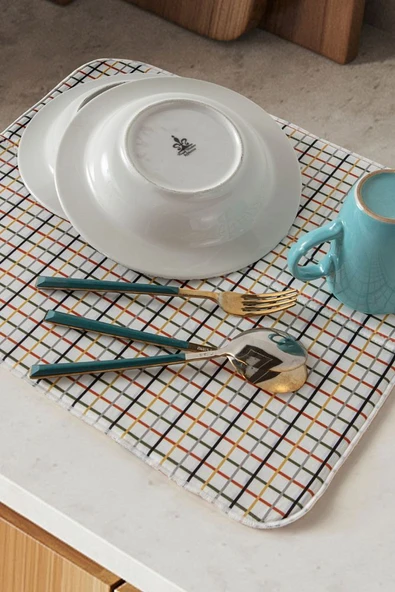 Bulaşık Kurutma Örtüsü, Bulaşıklık, Tezgah Üstü Bulaşık Matı, Süper Emici Mutfak Matı, Ekoseli Desen - 2