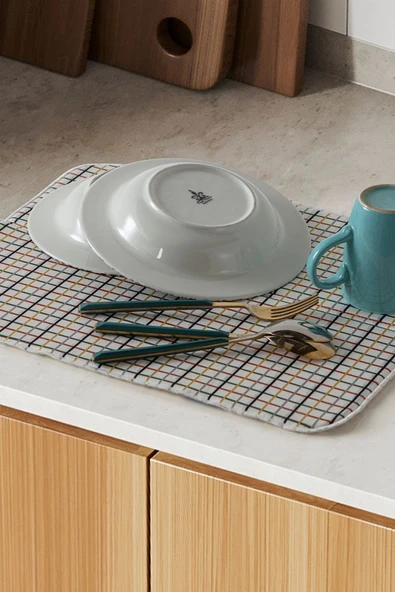 Bulaşık Kurutma Örtüsü, Bulaşıklık, Tezgah Üstü Bulaşık Matı, Süper Emici Mutfak Matı, Ekoseli Desen - 6
