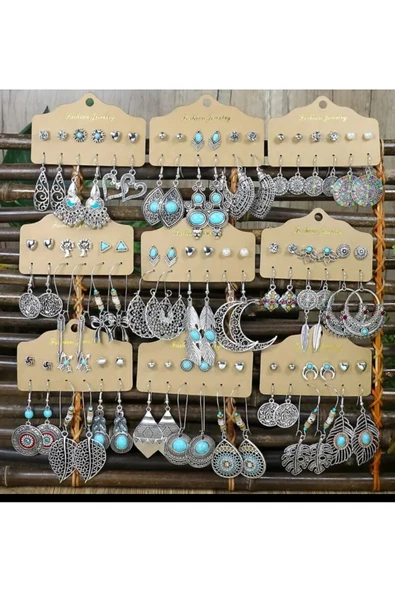 Silver bohem etnik tarzı kadınların şık sarkık küpeler ve çivi seti, gümüş renkli çok parçalı set - 3