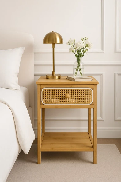Rattan Kapaklı Bambu Yatak Başı Komodin 40*35*60 Cm