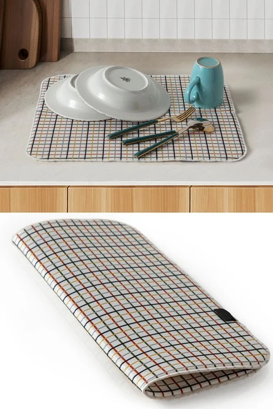 Bulaşık Kurutma Örtüsü, Bulaşıklık, Tezgah Üstü Bulaşık Matı, Süper Emici Mutfak Matı, Ekoseli Desen - 4