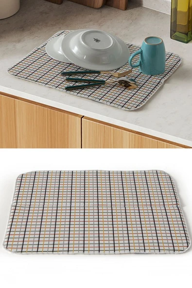 Bulaşık Kurutma Örtüsü, Bulaşıklık, Tezgah Üstü Bulaşık Matı, Süper Emici Mutfak Matı, Ekoseli Desen