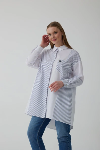 ÇİZGİ GARNİLİ TAŞLI GÖMLEK - 5