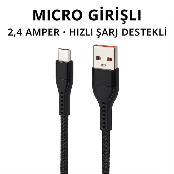 Hasır Örgülü 2.4a Micro Usb 1 Metre  Hızlı Şarj Ve Data  Kablosu K-S10 - 2