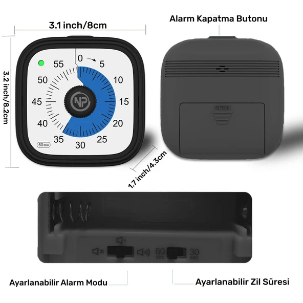 NPO NPT31S Mutfak,Ders,Yemek için 60dk Analog Alarm Zamanlayıcı,Pomodoro Öğrenci Motivasyon Saati - 3