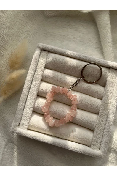 Pembe Kuvars Doğal Taş Gümüş Anahtarlık