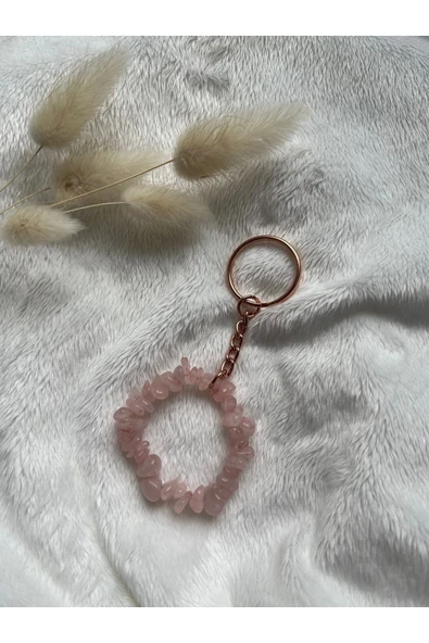 Pembe kuvars taşı bakır anahtarlık el yapımı