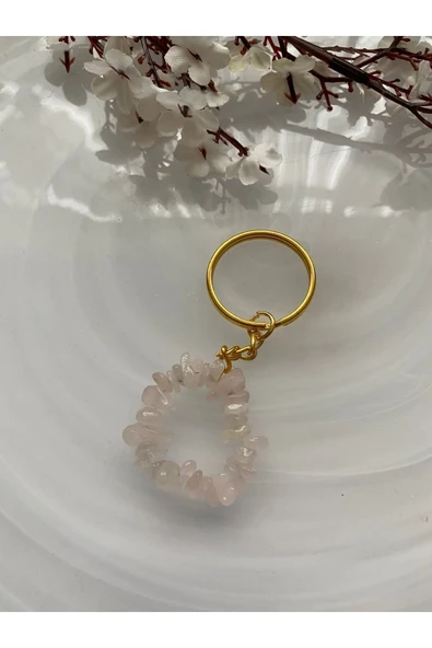 Pembe Kuvars Doğal Taş Altın Anahtarlık