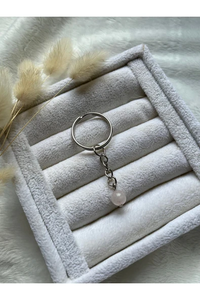 8 mm pembe kuvars gümüş anahtarlık