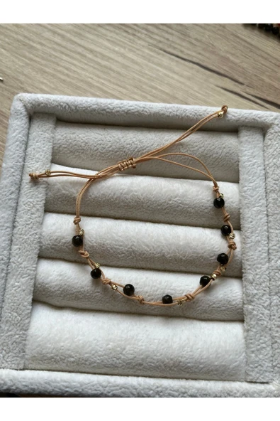 Minimal Gold Obsidyen Taşı İp Bileklik & Halhal Ayarlanabilir