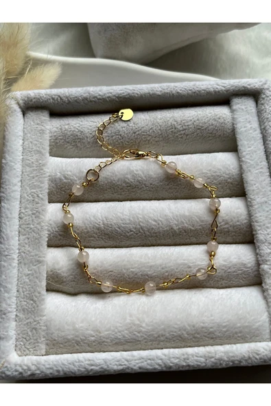 Minimal Pembe Kuvars El Yapımı Altın Kaplama Zincir Bileklik ürün görseli