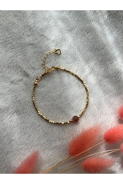 Gül Kuvars Doğal Taş Dorika Altın Kaplama El Yapımı Bileklik ürün görseli