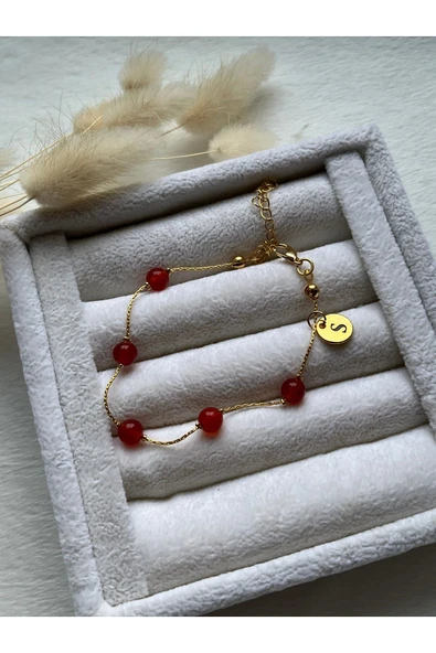 Harfli Karneol Karnelyan Doğal Taş Tasarım Altın Kaplama Bileklik ürün görseli