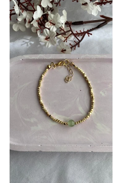 Prehnit Prinayt Doğal Taş Dorika Altın Kaplama El Yapımı Bileklik ürün görseli