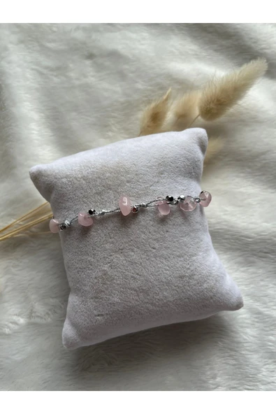 Pembe Kuvars Taşı Ayarlanabilir Gümüş İp Bileklik & Halhal El Yapımı ürün görseli