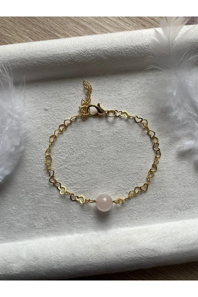 Pembe Kuvars Taşı Kalp Zincirli Altın Kaplama Bileklik ürün görseli