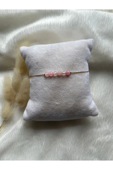 Minimal pembe kuvars taşı altın kaplama zarif bileklik el yapımı ürün görseli
